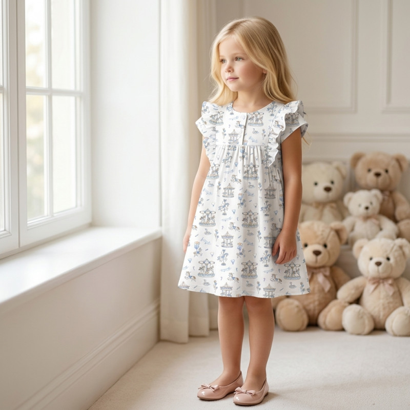 Supima Cotton Night Dress with Ruffle DR018 Bonbon Blue Supima Cotton Night Dress with Ruffle DR018 Bonbon Blue