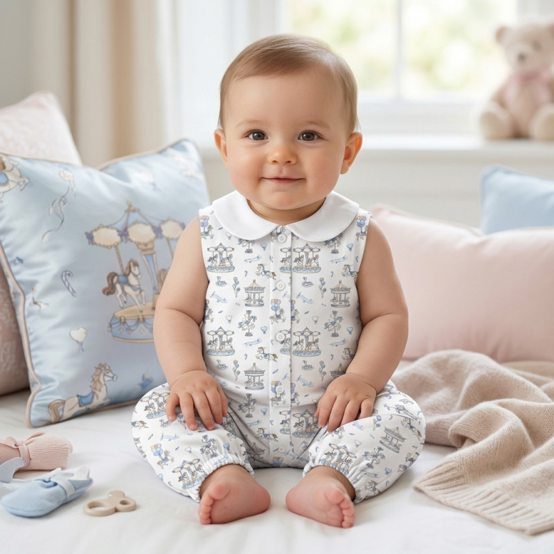 Long Supima Cotton Shortie with Sleeves and Collar R009CL Bonbon Blue Long Supima Cotton Shortie with Sleeves and Collar R009CL Bonbon Blue