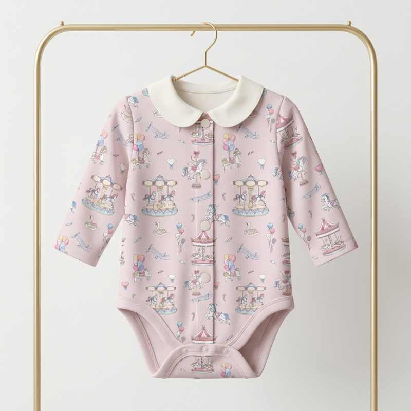 Printed Long-Sleeve Front Fastening Bodyvest with Collarf for Babies BLS005CL  Bonbon Pink