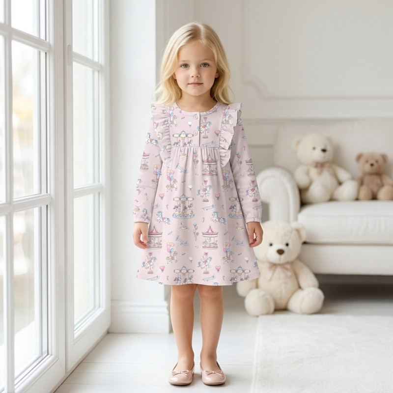 Charming Long-Sleeved Night Dress with Ruffles DR017 Bonbon Pink