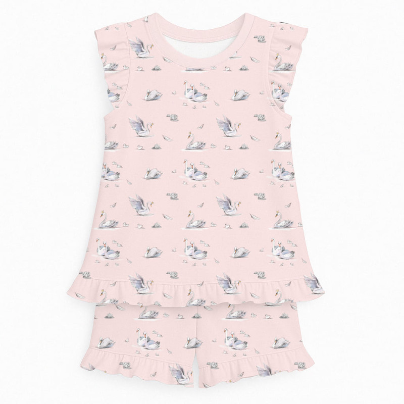 Short Supima Cotton Pyjamas with Ruffles – PJ007 Swan Short Supima Cotton Pyjamas with Ruffles – PJ007 Swan