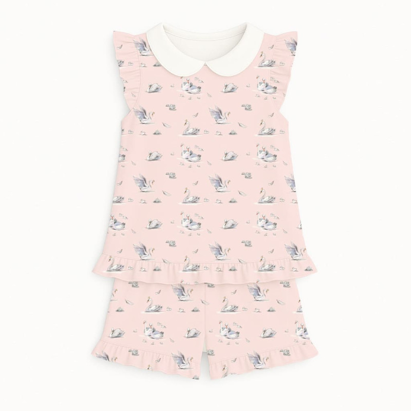 Short Supima Cotton Pyjamas with Ruffles and Collar– PJ007 Swan Short Supima Cotton Pyjamas with Ruffles and Collar– PJ007 Swan