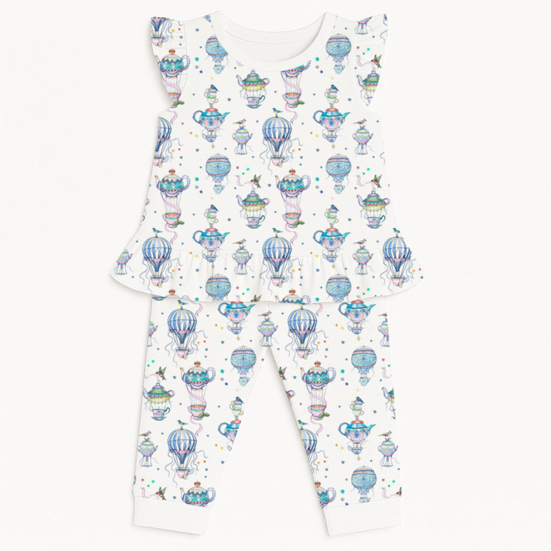 Girls Supima Cotton Pyjamas with Ruffles – PJ012 Time for tea Girls Supima Cotton Pyjamas with Ruffles – PJ012 Time for tea