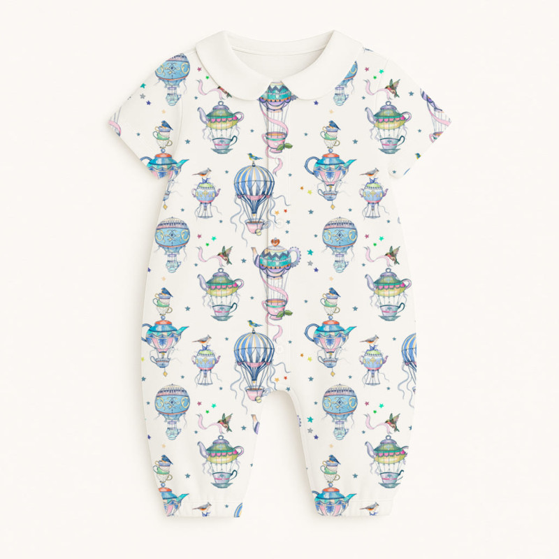 Long Supima Cotton Shortie with Sleeves and Collar R017CL Time for tea Long Supima Cotton Shortie with Sleeves and Collar R017CL Time for tea