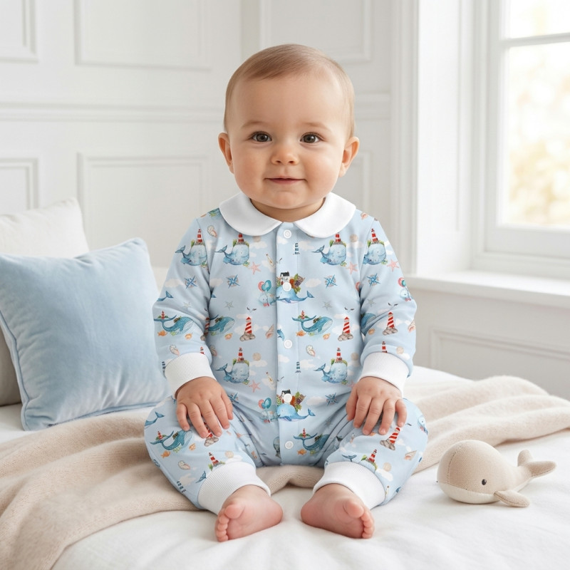 Long sleeve Romper for baby with collar K060CL Sky whales Long sleeve Romper for baby with collar K060CL Sky whales