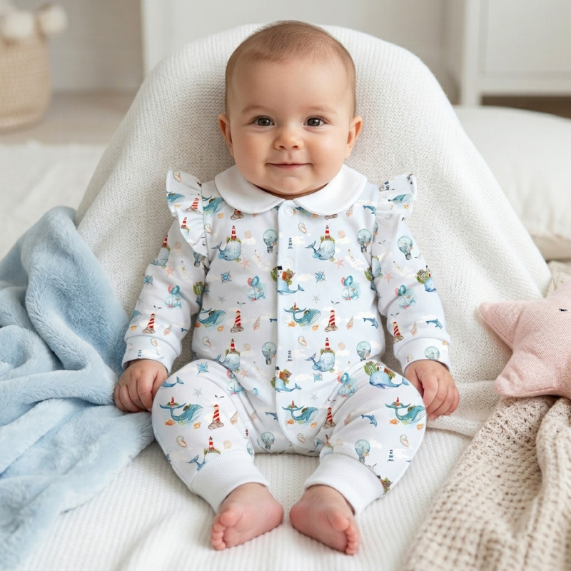 Long sleeve Romper for baby with ruffles and Collar K070CL Sky whales Long sleeve Romper for baby with ruffles and Collar K070CL Sky whales