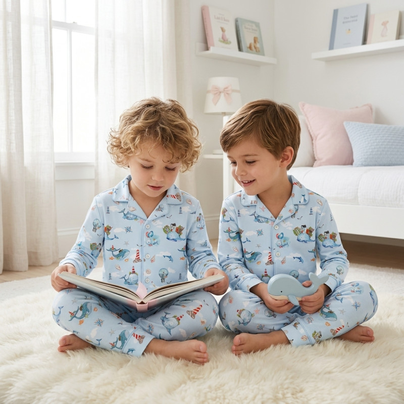 Luxury Children’s Pajama Set with English Collar – Organic Pima Cotton PJ022 Sky whales Luxury Children’s Pajama Set with English Collar – Organic Pima Cotton PJ022 Sky whales