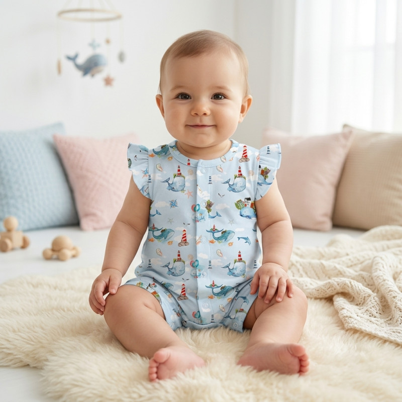 Supima Cotton Shortie with Ruffles – R007 Sky whales Supima Cotton Shortie with Ruffles – R007 Sky whales