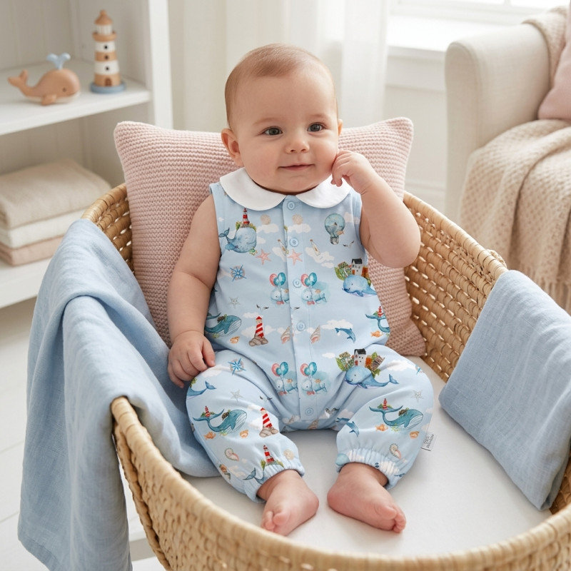 Long Supima Cotton Shortie with Sleeves and Collar R009CL Sky whales Long Supima Cotton Shortie with Sleeves and Collar R009CL Sky whales