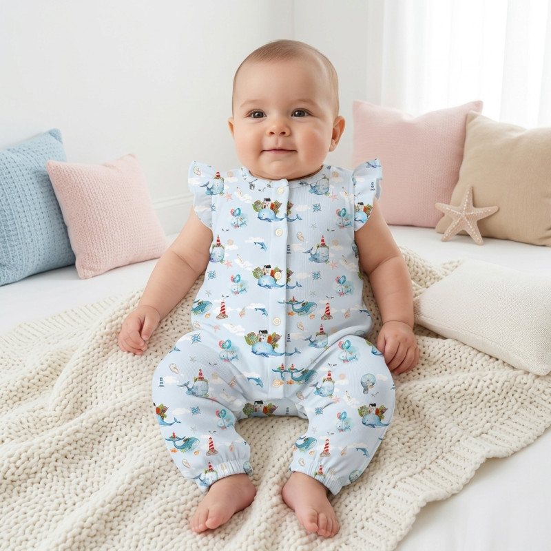 Supima Cotton Long Shortie with Ruffles – R011 Sky whales Supima Cotton Long Shortie with Ruffles – R011 Sky whales