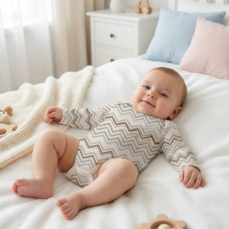 Printed Long-Sleeved Bodyvest for Babies BLS001  Zig Zag Chocolate