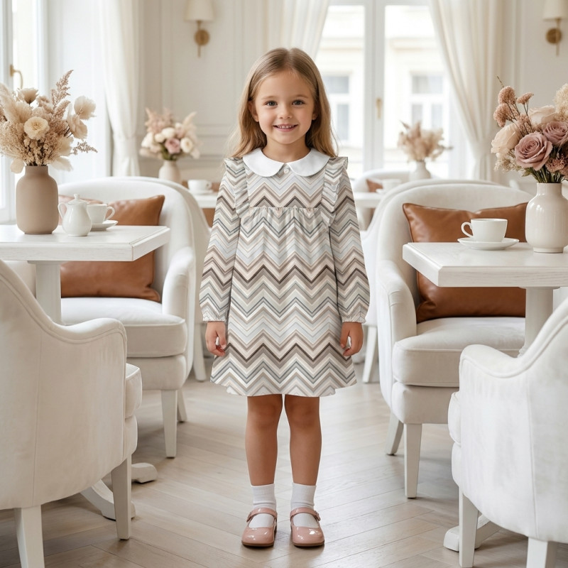 Charming Long-Sleeved Dress with Ruffles and Collar DR016CL Zig Zag Chocolate Charming Long-Sleeved Dress with Ruffles and Collar DR016CL Zig Zag Chocolate
