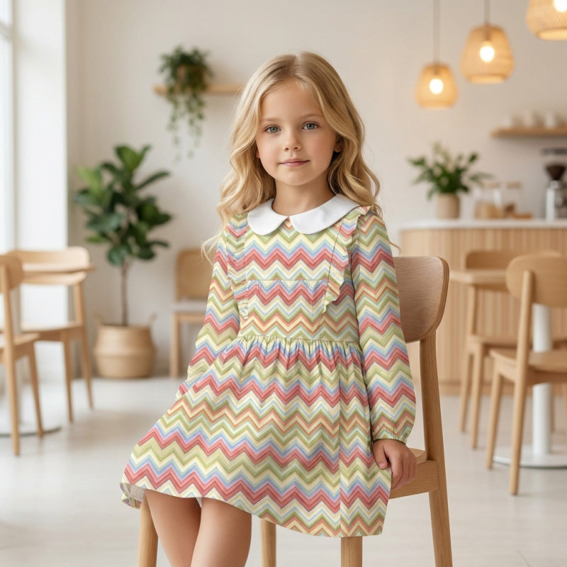 Charming Long-Sleeved Dress with Ruffles and Collar DR016CL ZIG ZAG COLORFUL