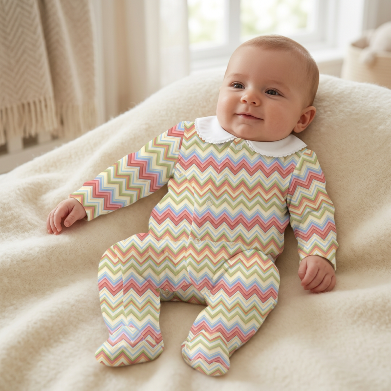 Babygrow with collar 100% pima cotton with K063 ZIG ZAG COLORFUL Babygrow with collar 100% pima cotton with K063 ZIG ZAG COLORFUL