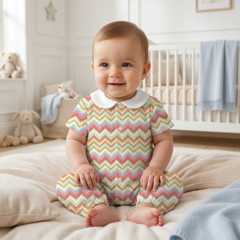 Long Supima Cotton Shortie with Sleeves and Collar R017CL ZIG ZAG COLORFUL Long Supima Cotton Shortie with Sleeves and Collar R017CL ZIG ZAG COLORFUL