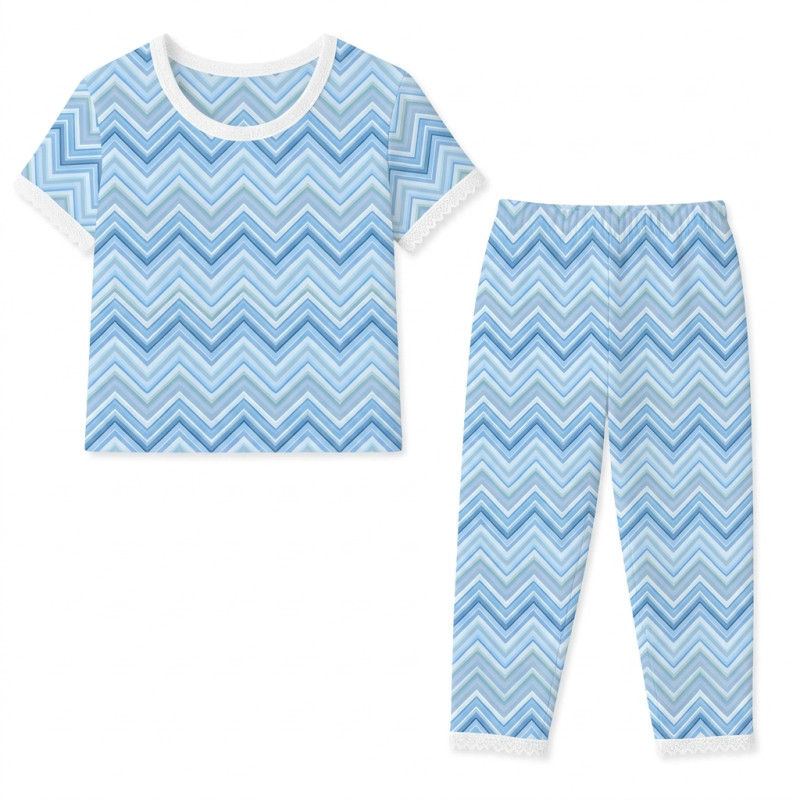 Elegant Set with Short-Sleeve T-Shirt and Straight-Leg Pants  100% Supima Cottons PW104  ZIG ZAG OCEAN+C939:V940